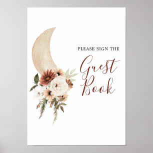 Boho Beige Floral Moon Baby shower Guest Book Poster
