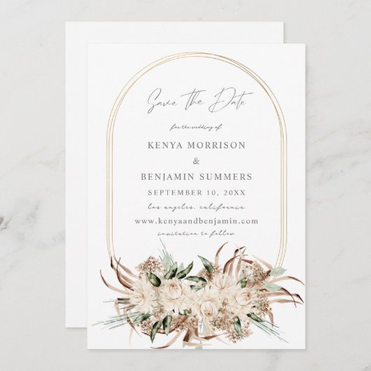 Boho Beige Floral Save the Date Kaart (Voorkant / Achterkant)