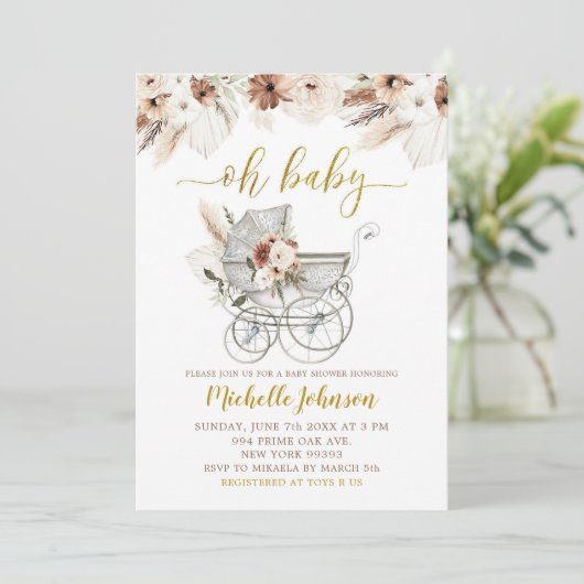 Boho Beige Floral Stroller Baby shower Uitnodiging (Staand voorkant)