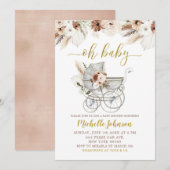 Boho Beige Floral Stroller Baby shower Uitnodiging (Voorkant / Achterkant)