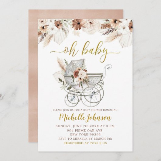 Boho Beige Floral Stroller Baby shower Uitnodiging (Voorkant / Achterkant)