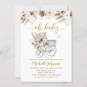 Boho Beige Floral Stroller Baby shower Uitnodiging