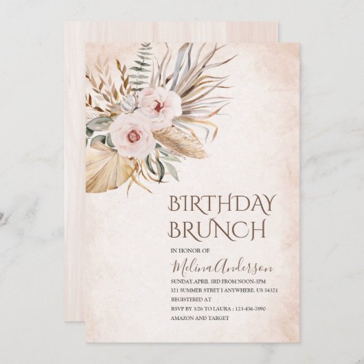 Boho Beige Flowesr watercolorverjaardagsbrunch Kaart (Voorkant / Achterkant)
