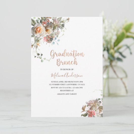 Boho Beige Flowesr waterverf afstuderen brunch Kaart (Staand voorkant)