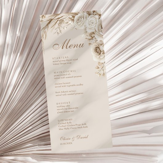 Boho Beige gedroogde bloem en witte rozen bruiloft Menu