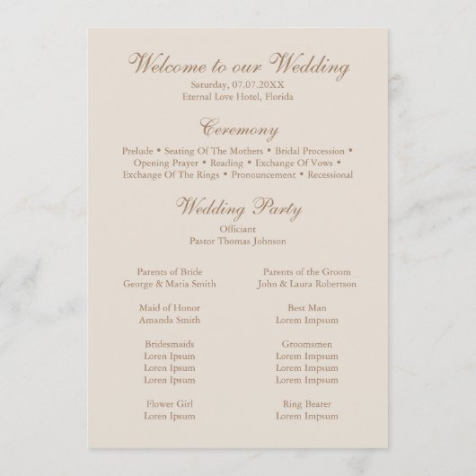 Boho Beige gedroogde bloem en witte rozen bruiloft Programmakaart (Achterkant)