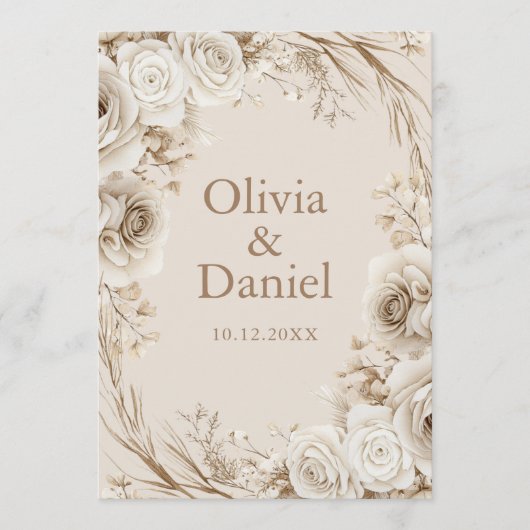 Boho Beige gedroogde bloem en witte rozen bruiloft Programmakaart (Voorkant)