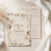 Boho Beige gedroogde bloem en witte rozen bruiloft Programmakaart