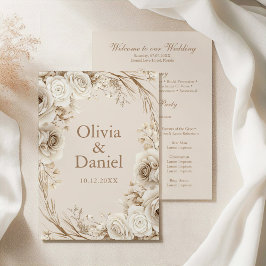 Boho Beige gedroogde bloem en witte rozen bruiloft Programmakaart