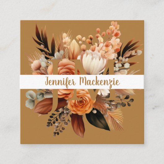 Boho Beige Gold Floral Vierkante Visitekaartje (Voorkant)
