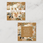 Boho Beige Gouden Bloemmotief  Vierkante Visitekaartje (Voorkant / Achterkant)