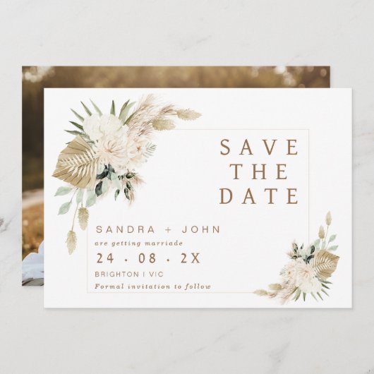 Boho beige Green Floral Save the Date Kaart (Voorkant / Achterkant)