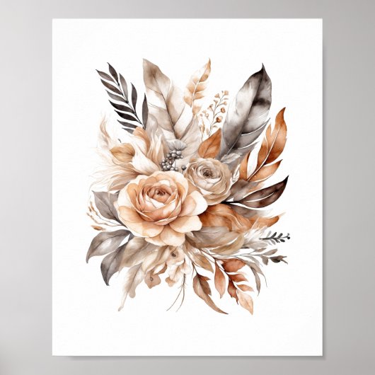 Boho Beige Grijs Bloemen Botanische veren Poster (Voorkant)