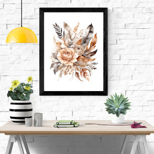 Boho Beige Grijs Bloemmotief Botanische Veren Poster
