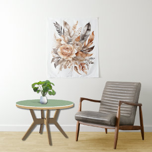 Boho Beige Grijs Bloemrijk Botanisch Aquarel Wandkleed