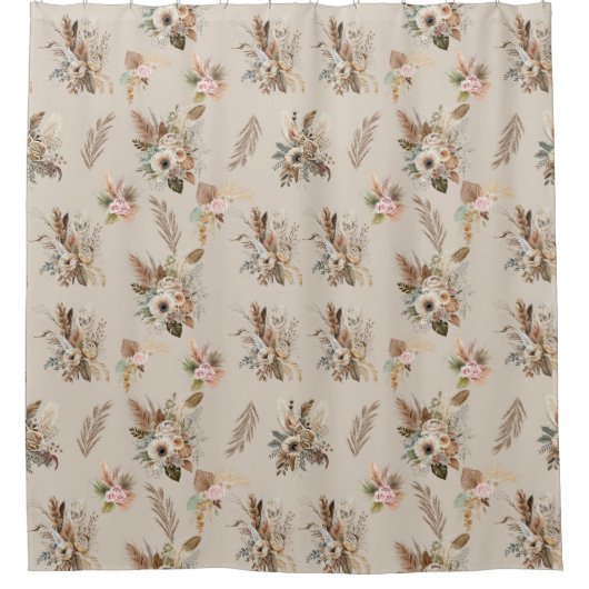 Boho Beige Groen Roze Bloemen Botanische Bladeren Douchegordijn (Voorkant)