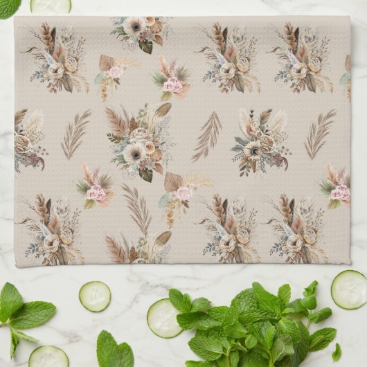 Boho Beige Groen Roze Bloemige Botanische Bladeren Theedoek (Gevouwen)
