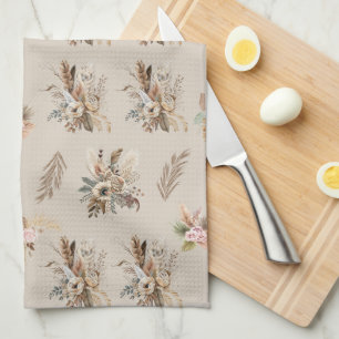 Boho Beige Groen Roze Bloemige Botanische Bladeren Theedoek