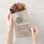 Boho Beige Groene Abstracte Vorm Foto QR Code All In One Uitnodiging (Afscheurbaar)
