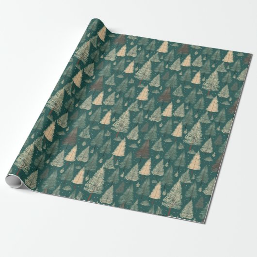 Boho Beige Groene Kerstbomen Vakantie Cadeaupapier (Uitgerold)