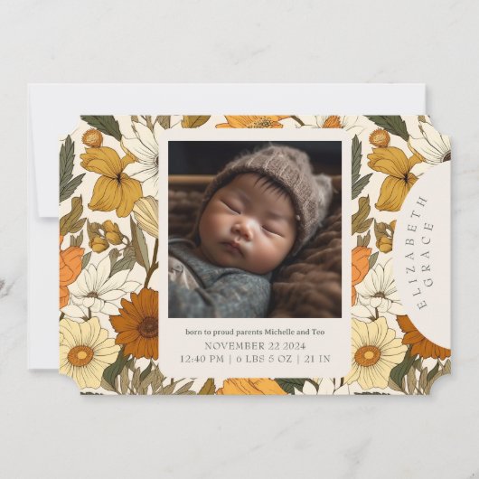 Boho Beige Herfst Bloemen Pasgeboren Aankondiging (Voorkant)