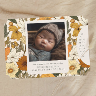 Boho Beige Herfst Bloemen Pasgeboren Aankondiging