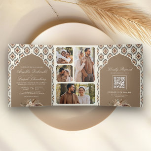 Boho Beige Ivoorkleurig Ikat Fotocollage Indiase T Drieluik Uitnodiging