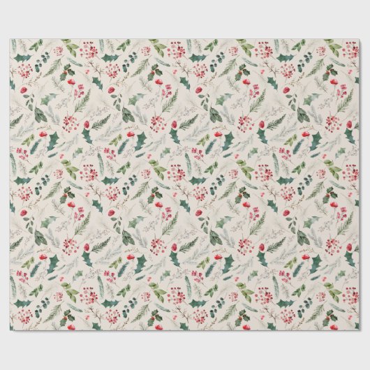 Boho Beige Kerst Botanische Holly & Bessen Cadeaupapier (Vlak)