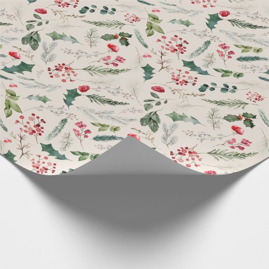Boho Beige Kerst Botanische Holly & Bessen Cadeaupapier (Hoek)