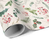 Boho Beige Kerst Botanische Holly & Bessen Cadeaupapier (Rol Hoek)