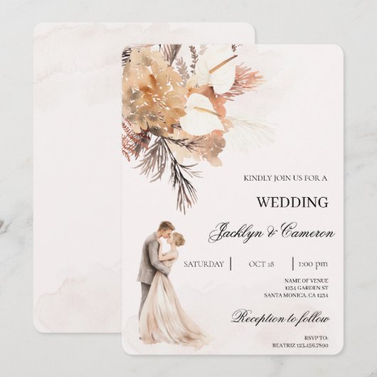 Boho beige met bruid en bruidegom bruiloft kaart (Voorkant / Achterkant)