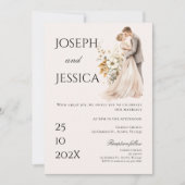 Boho beige met bruid en bruidegom bruiloft uitnodi kaart (Voorkant)