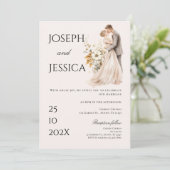 Boho beige met bruid en bruidegom bruiloft uitnodi kaart (Staand voorkant)