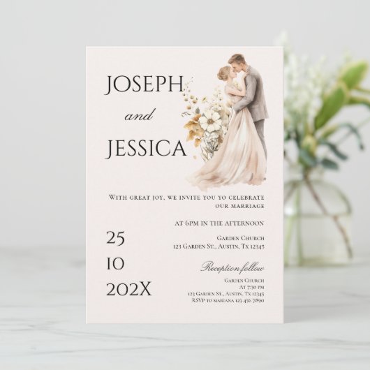 Boho beige met bruid en bruidegom bruiloft uitnodi kaart (Staand voorkant)