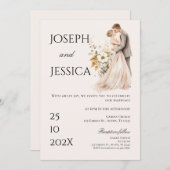 Boho beige met bruid en bruidegom bruiloft uitnodi kaart (Voorkant / Achterkant)