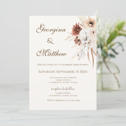 Boho beige met bruid en bruidegom trouwen kaart (Staand voorkant)