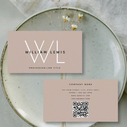 Boho Beige Monogram Moderne Minimalistische QR-cod Visitekaartje