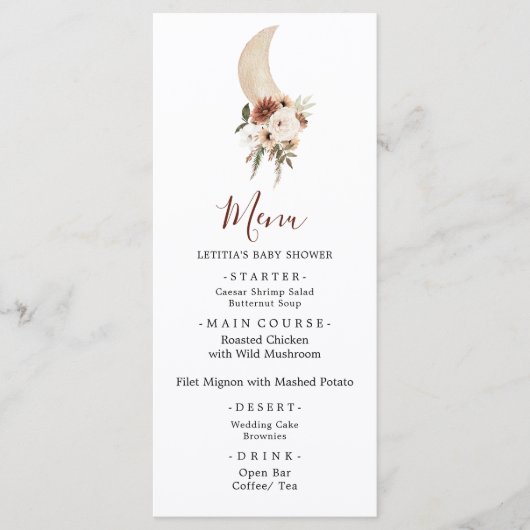 Boho Beige Moon Baby shower Menu Sign. (Voorkant)