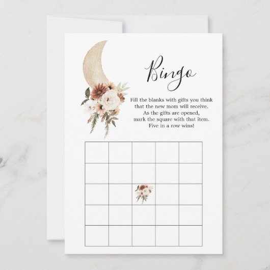 Boho Beige Moon Floral Baby shower Bingo Game Kaart (Voorkant)