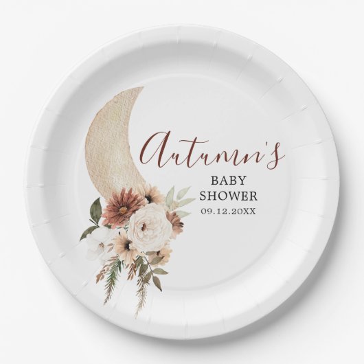 Boho Beige Moon Floral Baby shower Paper Bord (Voorkant)