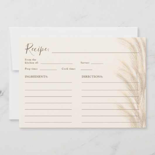 Boho-beige pampagras watercolor bruidsrecept  kaart (Voorkant)
