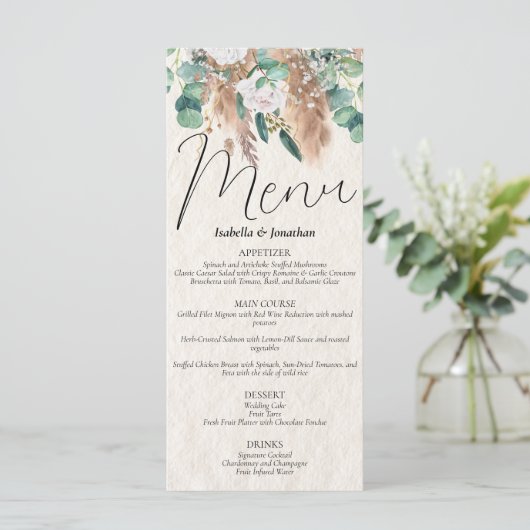 Boho Beige Pampas Gras Eucalyptus Groen Bloemen Menu (Staand voorkant)