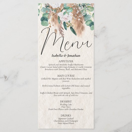 Boho Beige Pampas Gras Eucalyptus Groen Bloemen Menu (Voorkant)