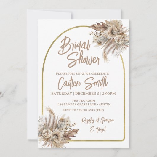 Boho Beige Pampas Grass Bridal Shower Uitnodiging (Voorkant)