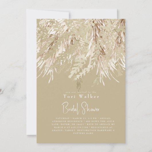 Boho Beige Pampas Moderne Bruiloftsborrel Kaart (Voorkant)