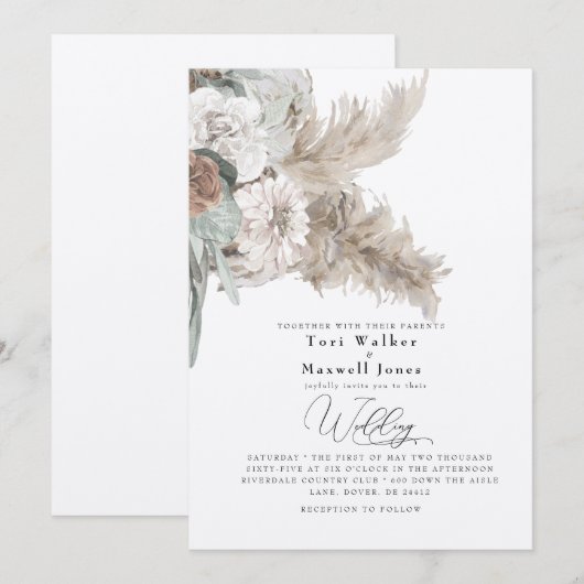 Boho Beige Pampas No Parents Ecru Wedding Kaart (Voorkant / Achterkant)