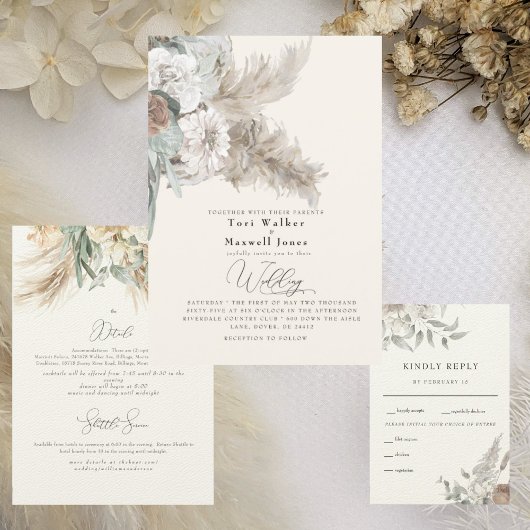 Boho Beige Pampas No Parents Wedding Kaart