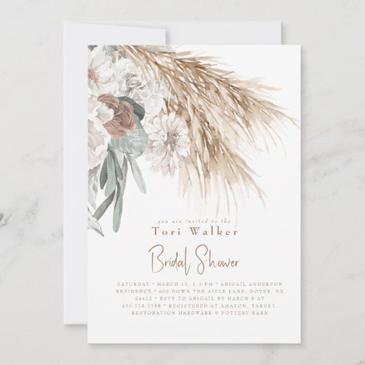 Boho Beige Pampas White Floral Vrijgezellenfeest Kaart (Voorkant)