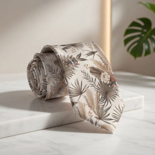 Boho beige planten stropdas