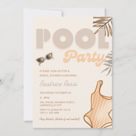 Boho Beige Pool Party Retro Vrijgezellenfeest Kaart (Voorkant)